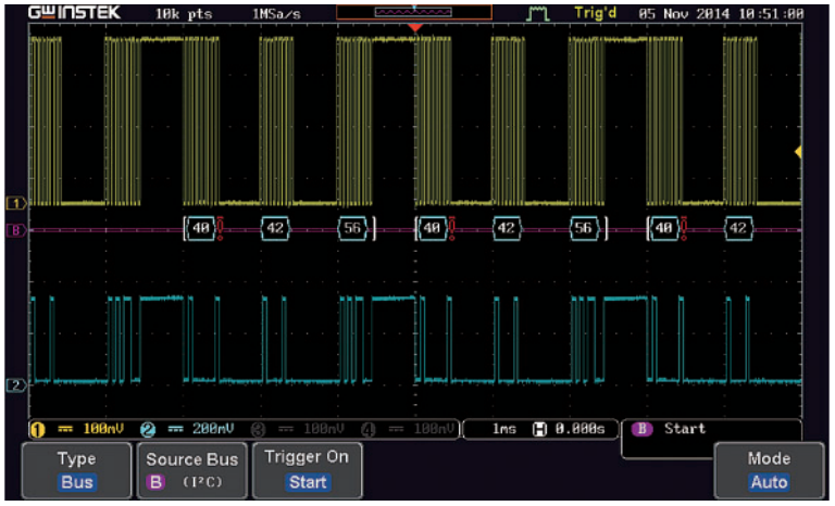 I2C, SPI, UART, CAN, LIN 직렬 버스 트리거 및 디코딩 측정 화면