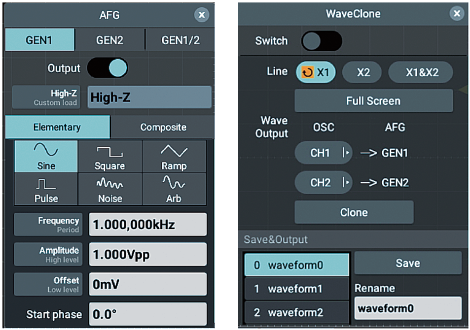내장 AFG 및 웨이브 클론(WaveClone) 제어 화면