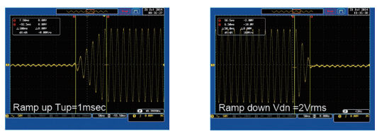 Mode=Time, Tup=1msec,VAC=100V, Freq=50Hz,Ramp output=on. Mode=Voltage, Vdn=2Vrms,VAC=100V, Freq=50Hz,Ramp output=off